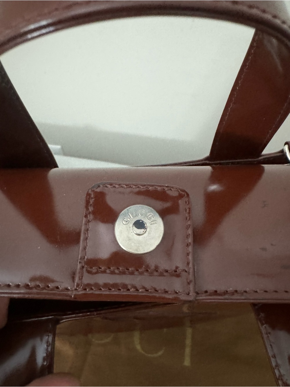 Authentic Gucci Glossy Brown Patent Leather Satchel with Double G Emboss - Picture 12 of 16
